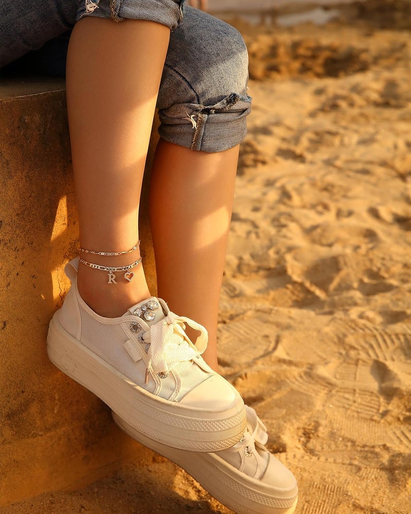 Wremily Initial Ankle Bracelets for Women Waterproof 14K Gold Plated Dainty Layered Figaro Chain Letter Initial CZ Heart Ankle Bracelets Set Summer Beach Jewelry for Women - Image 5